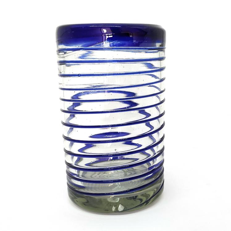 Vasos de Vidrio Soplado al Mayoreo / vasos grandes con espiral azul cobalto, 14 oz, Vidrio Reciclado, Libre de Plomo y Toxinas / stos elegantes vasos cubiertos con una espiral azul cobalto darn un toque artesanal a su mesa.